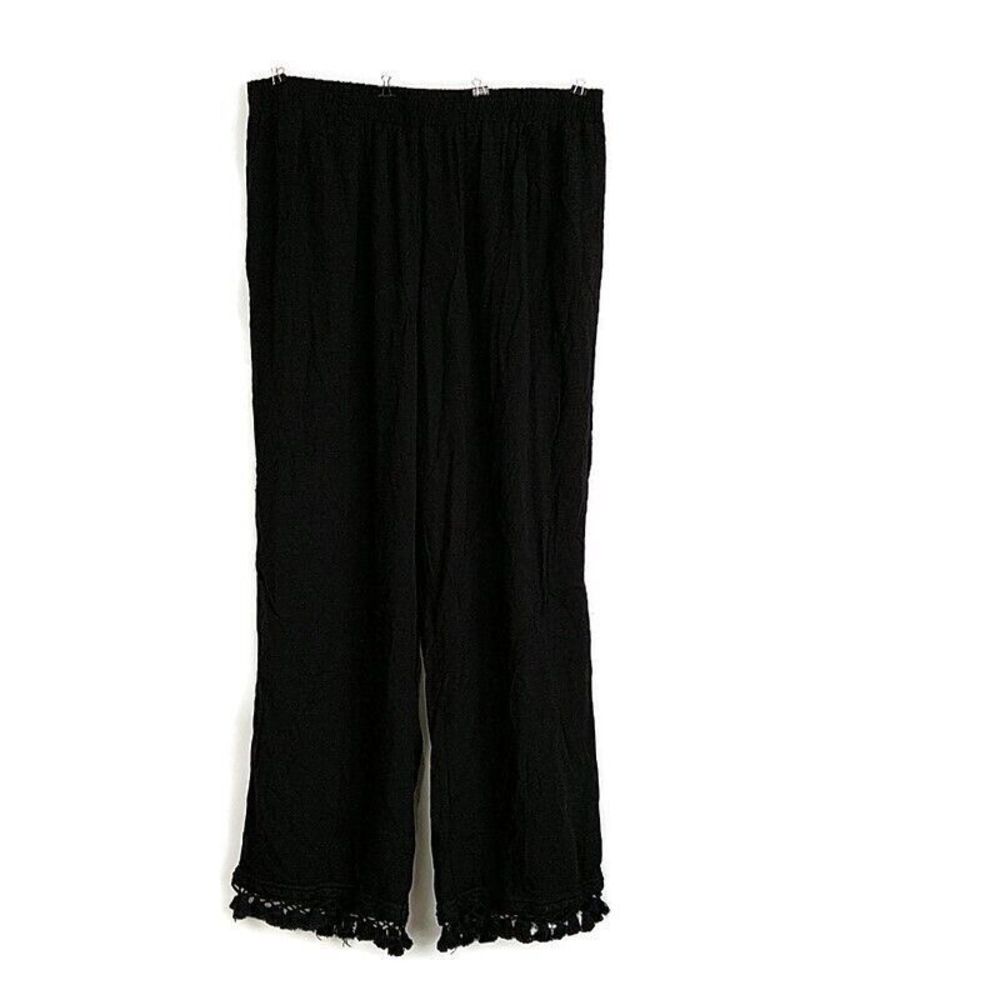 Retro Threads Black Wide Leg Pants TasselHem Pull On Boho Coastal Resort sz XL‎